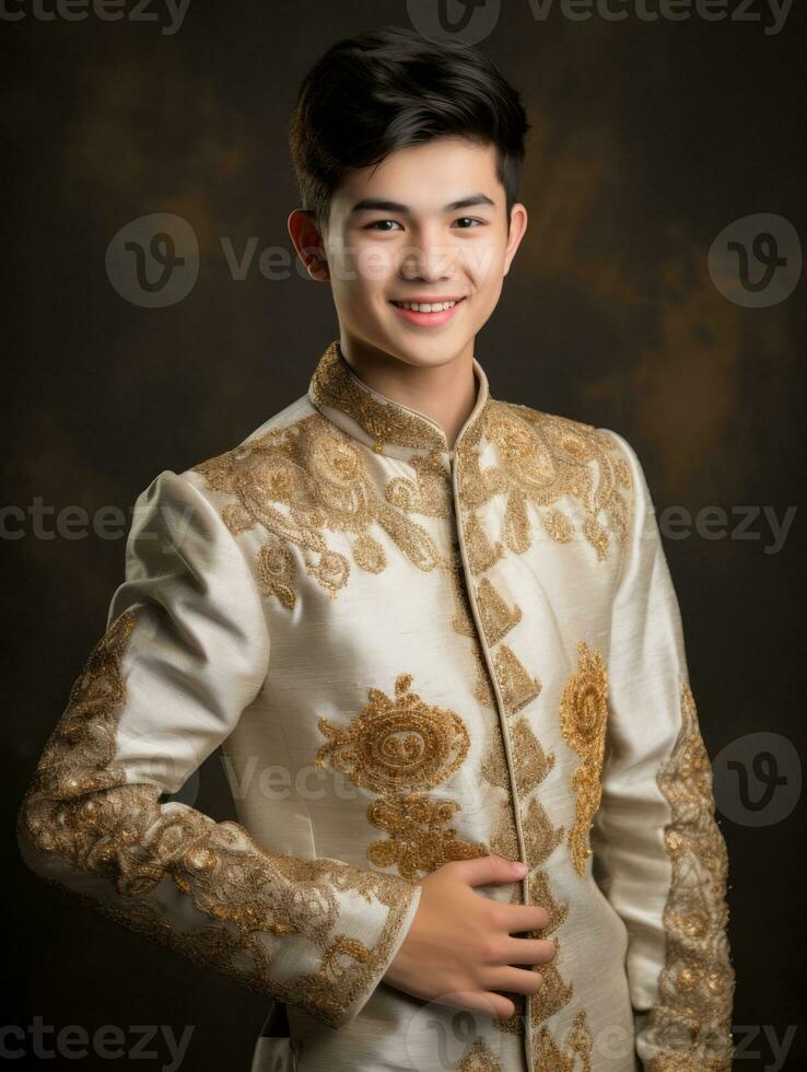 Smiling young man of Asian descent dressed in suit on gray background AI Generative photo