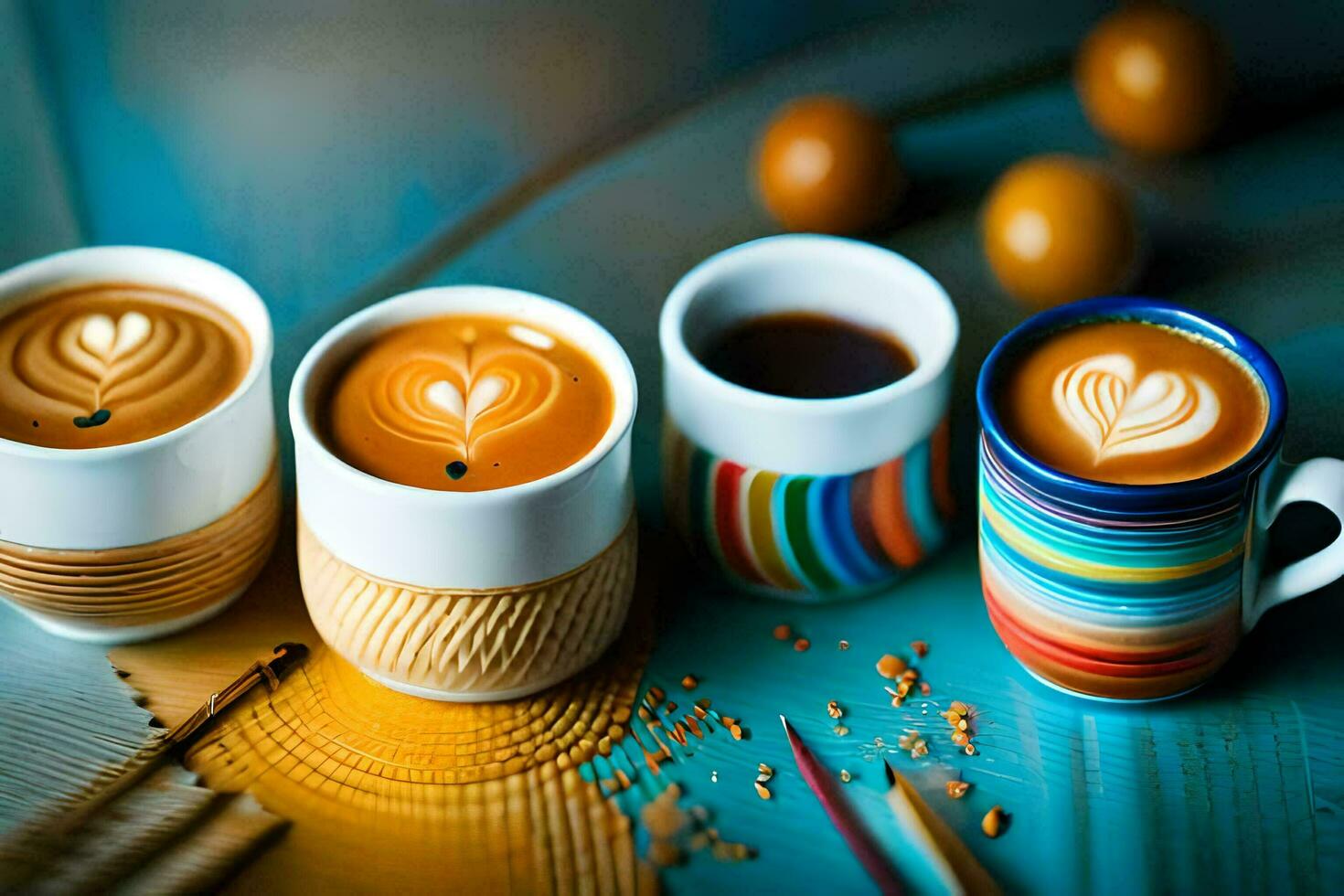 Tres tazas de café con diferente diseños generado por ai foto
