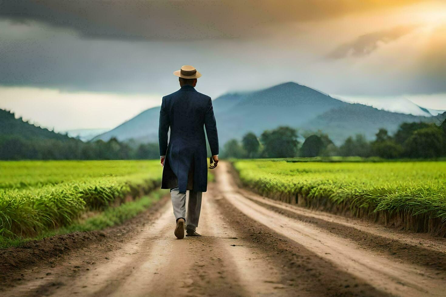 a man in a suit and hat walks down a dirt road. AI-Generated photo