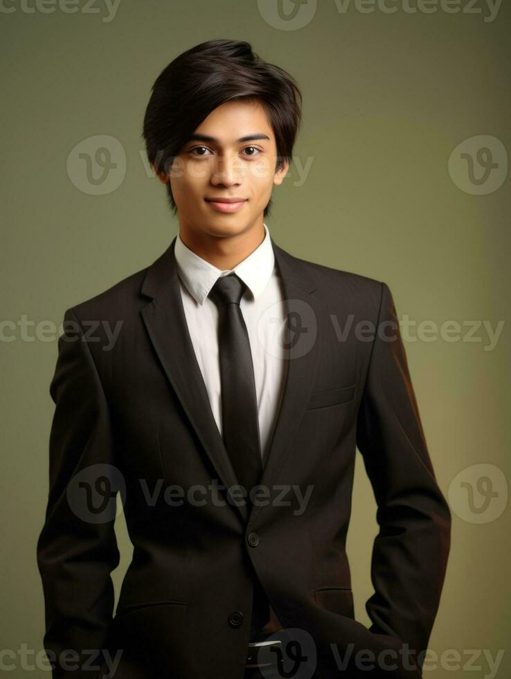 Smiling young man of Asian descent dressed in suit on gray background AI Generative photo