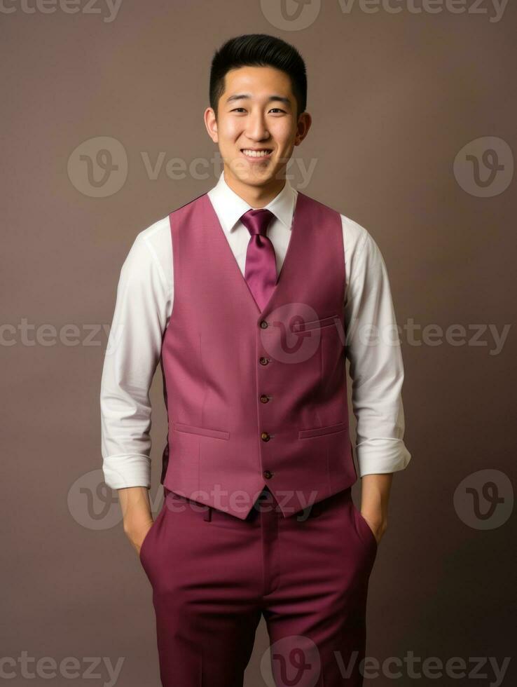 sonriente joven hombre de asiático descendencia vestido en traje en gris antecedentes ai generativo foto