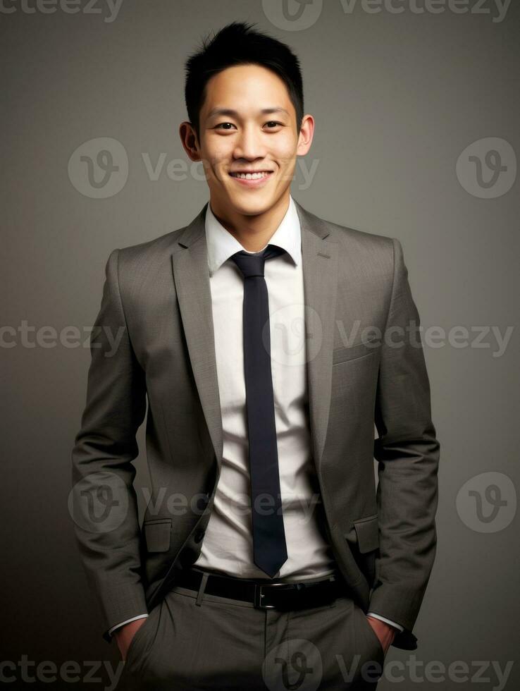 Smiling young man of Asian descent dressed in suit on gray background AI Generative photo