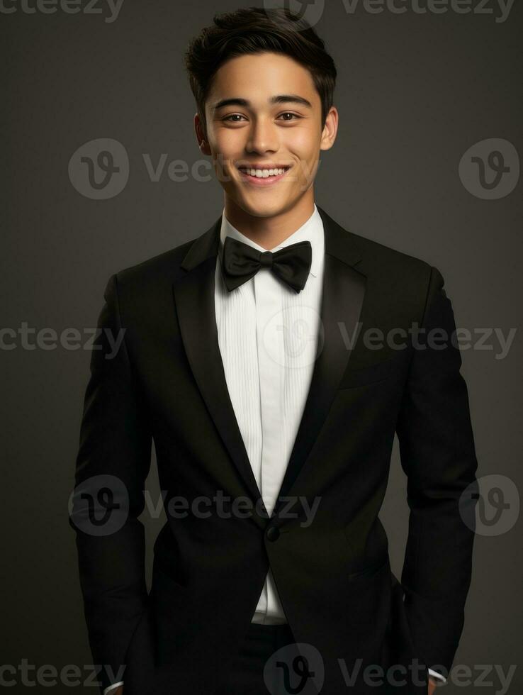 Smiling young man of Asian descent dressed in suit on gray background AI Generative photo