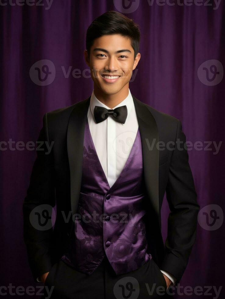 Smiling young man of Asian descent dressed in suit on gray background AI Generative photo