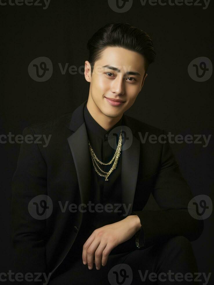 Smiling young man of Asian descent dressed in suit on gray background AI Generative photo
