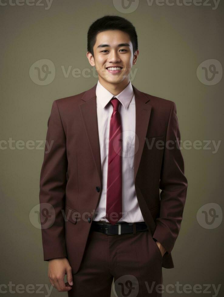 Smiling young man of Asian descent dressed in suit on gray background AI Generative photo