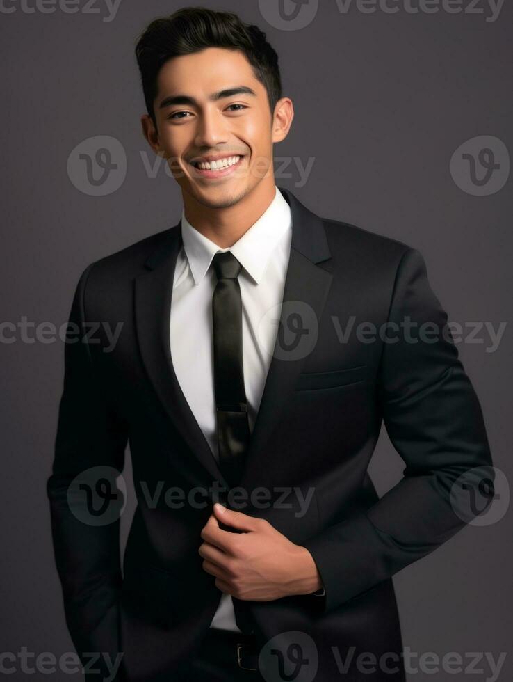 Smiling young man of Asian descent dressed in suit on gray background AI Generative photo