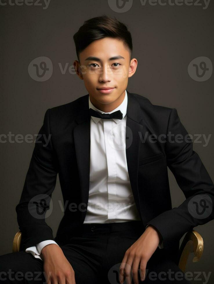 Smiling young man of Asian descent dressed in suit on gray background AI Generative photo