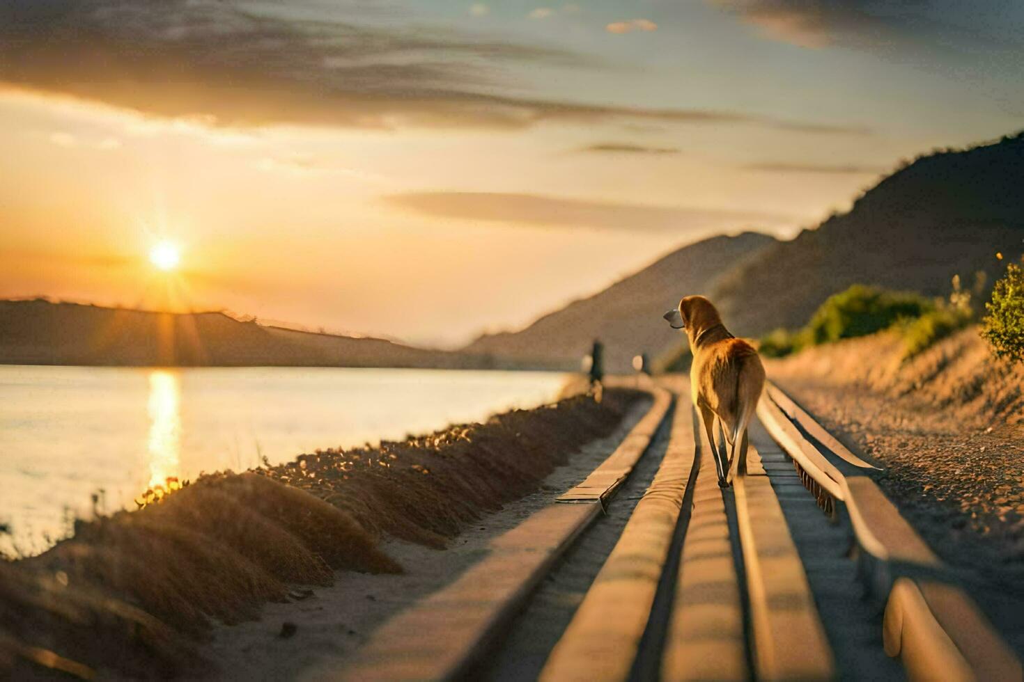 a dog walking along a wooden boardwalk at sunset. AI-Generated photo