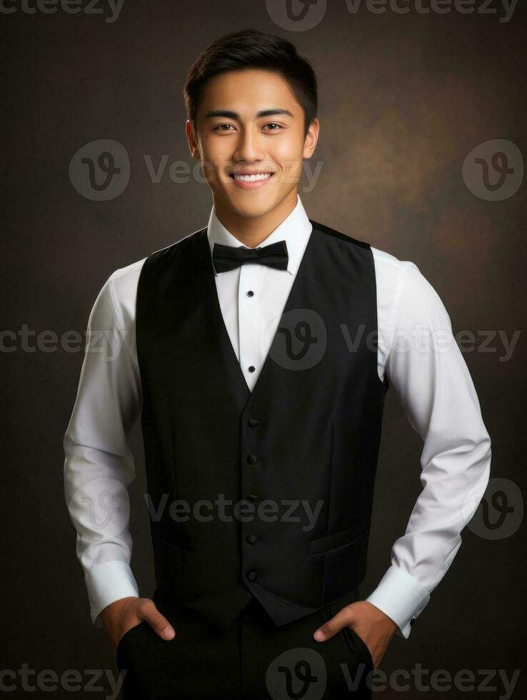 sonriente joven hombre de asiático descendencia vestido en traje en gris antecedentes ai generativo foto