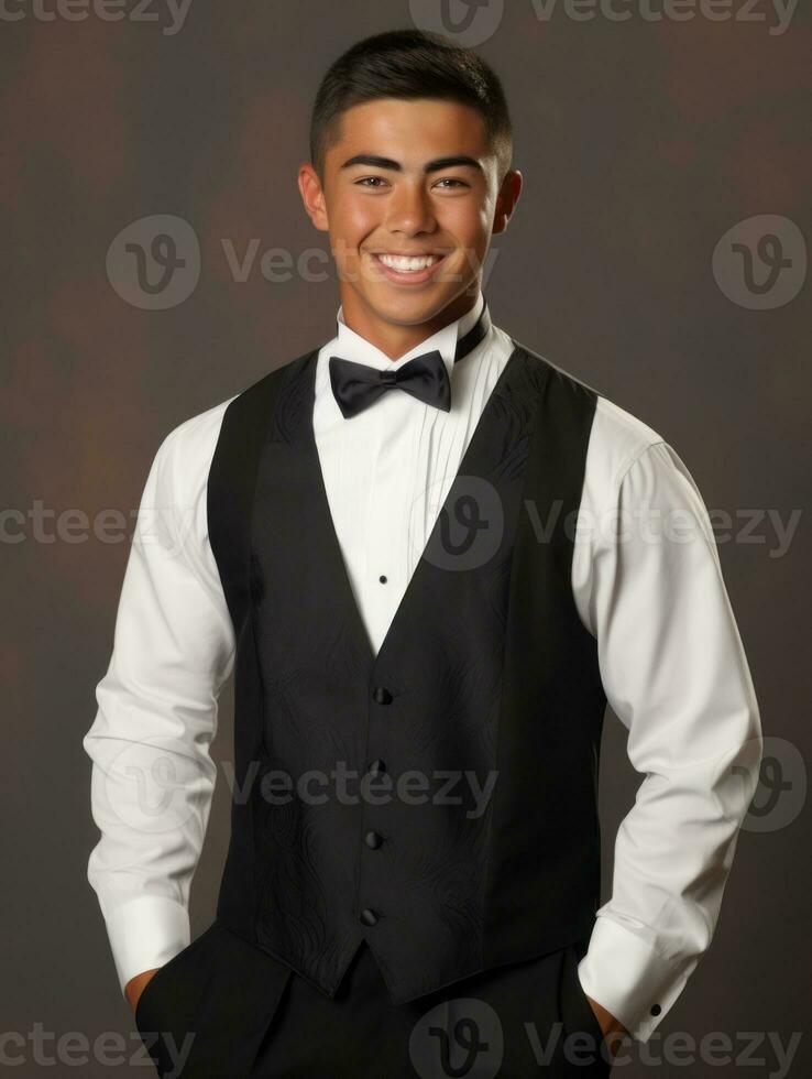 Smiling young man of Asian descent dressed in suit on gray background AI Generative photo