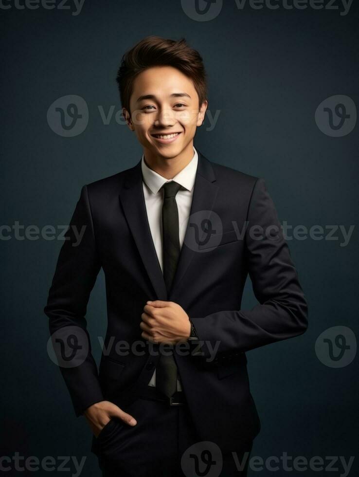 Smiling young man of Asian descent dressed in suit on gray background AI Generative photo