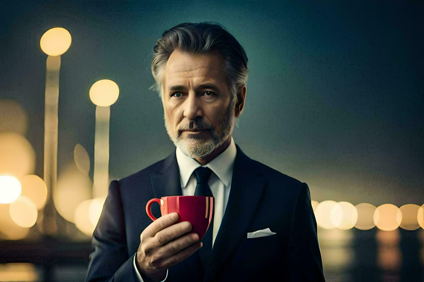 a man in a suit and tie holding a coffee cup. AI-Generated photo