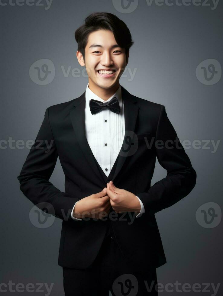 Smiling young man of Asian descent dressed in suit on gray background AI Generative photo