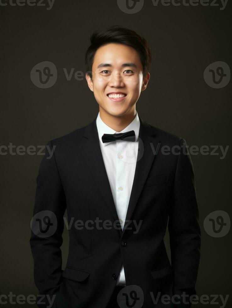 Smiling young man of Asian descent dressed in suit on gray background AI Generative photo