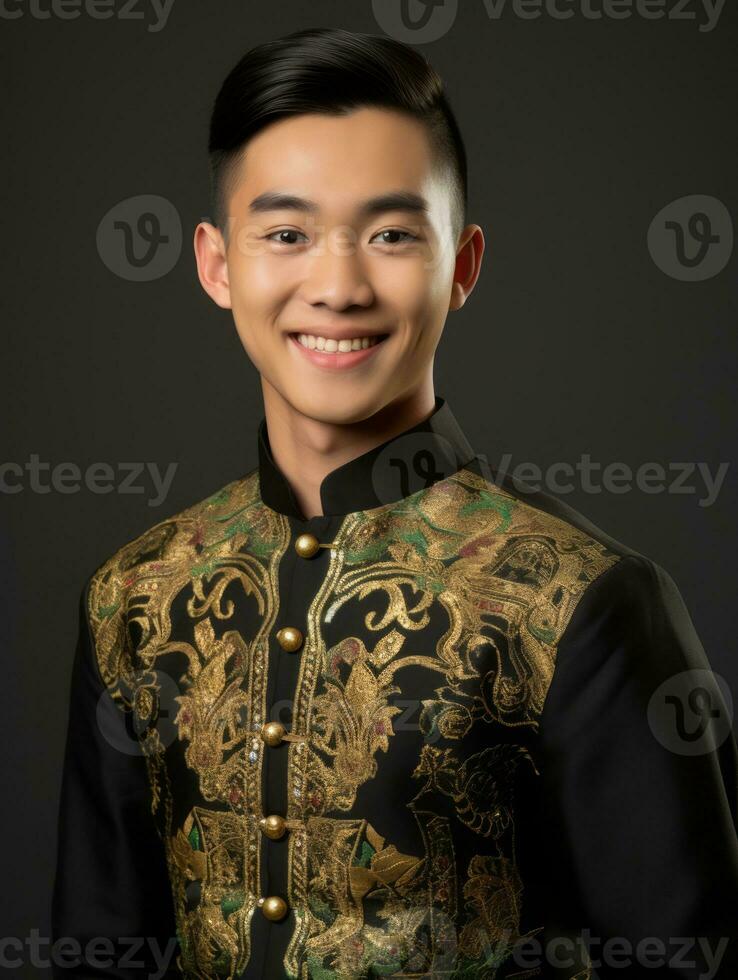 Smiling young man of Asian descent dressed in suit on gray background AI Generative photo