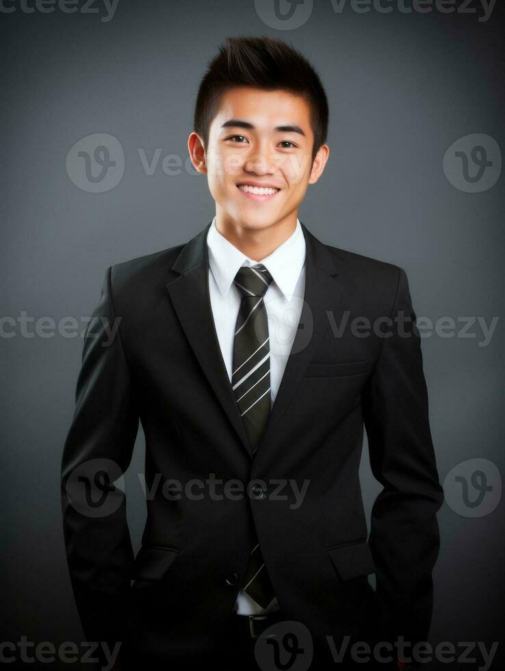 Smiling young man of Asian descent dressed in suit on gray background AI Generative photo