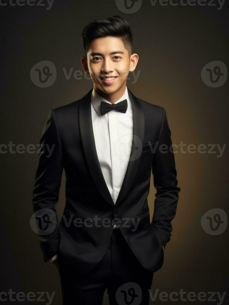 Smiling young man of Asian descent dressed in suit on gray background AI Generative photo