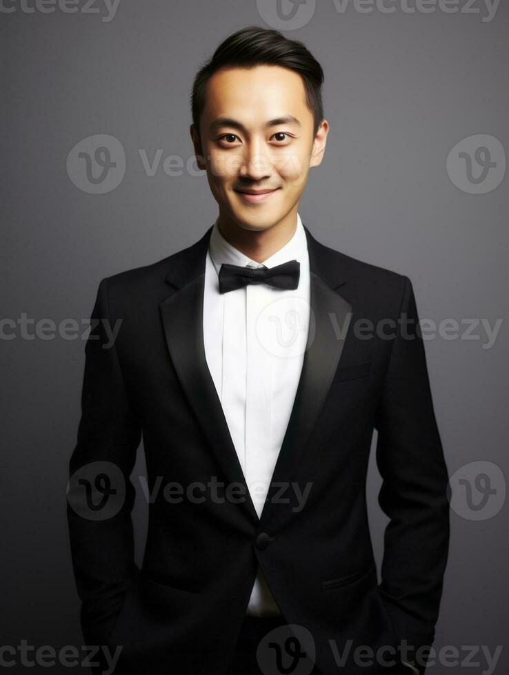 Smiling young man of Asian descent dressed in suit on gray background AI Generative photo