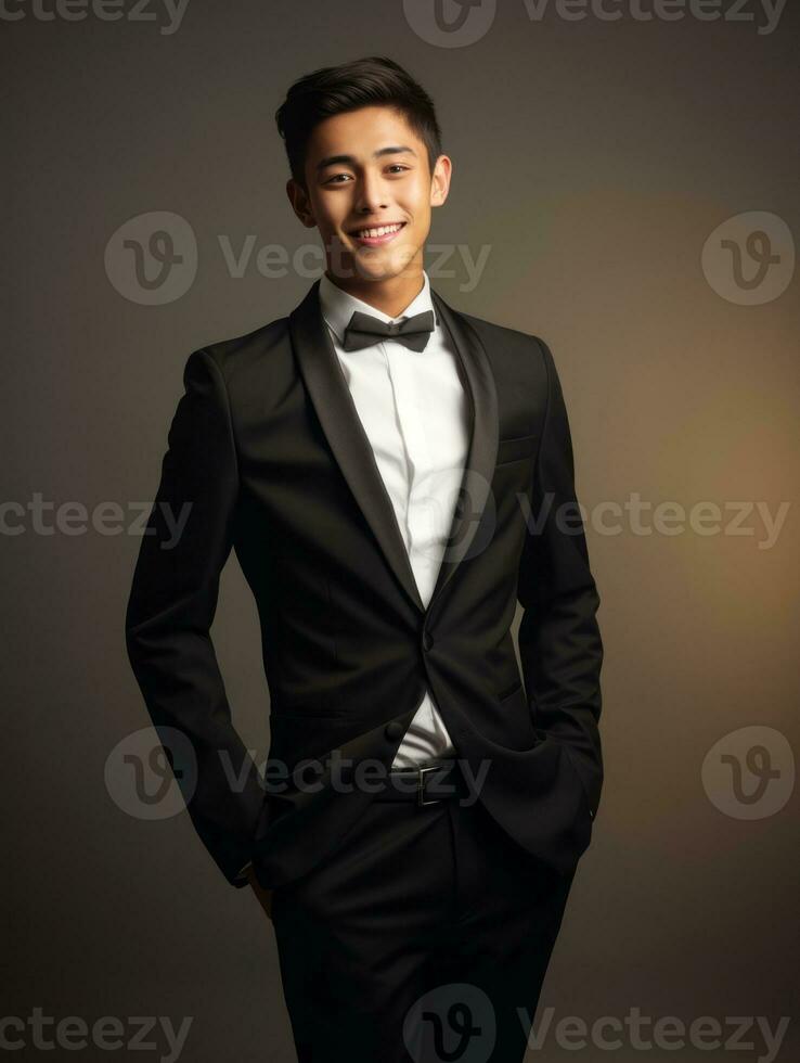 Smiling young man of Asian descent dressed in suit on gray background AI Generative photo