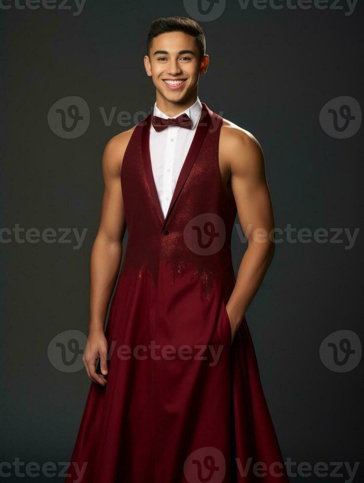 Smiling young man of Asian descent dressed in suit on gray background AI Generative photo