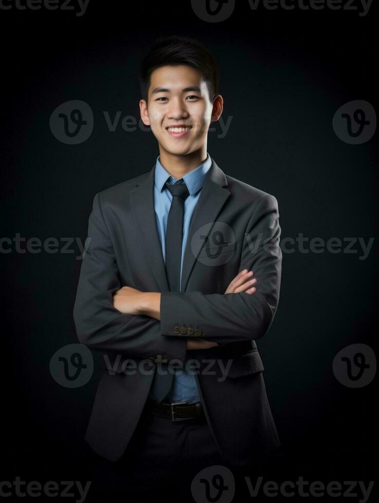 Smiling young man of Asian descent dressed in suit on gray background AI Generative photo