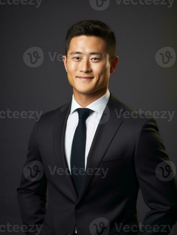 Smiling young man of Asian descent dressed in suit on gray background AI Generative photo