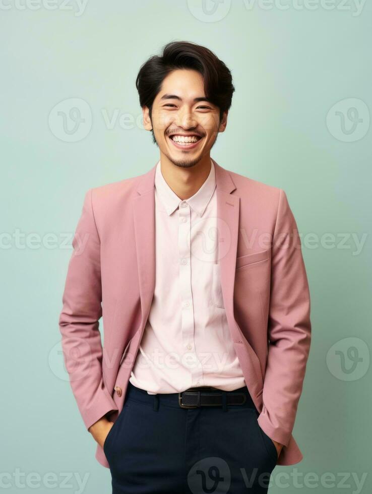 Smiling young man of Asian descent dressed in suit on gray background AI Generative photo