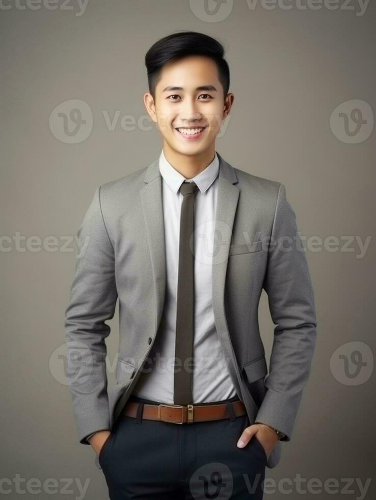 Smiling young man of Asian descent dressed in suit on gray background AI Generative photo