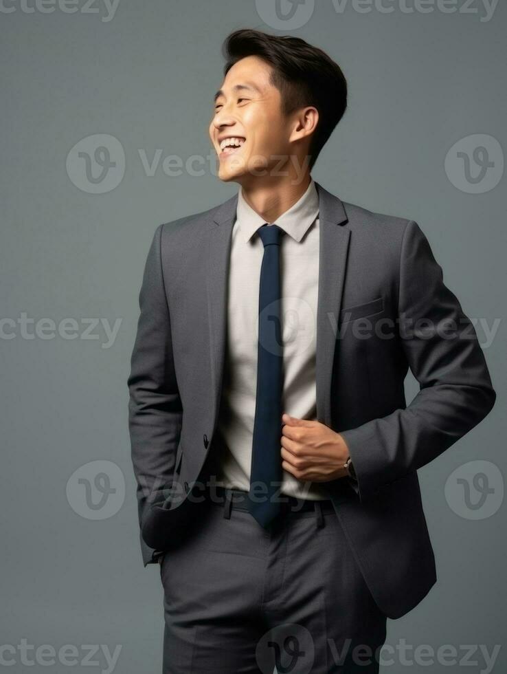 Smiling young man of Asian descent dressed in suit on gray background AI Generative photo