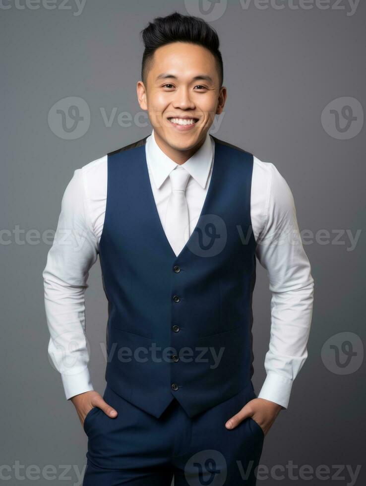 Smiling young man of Asian descent dressed in suit on gray background AI Generative photo