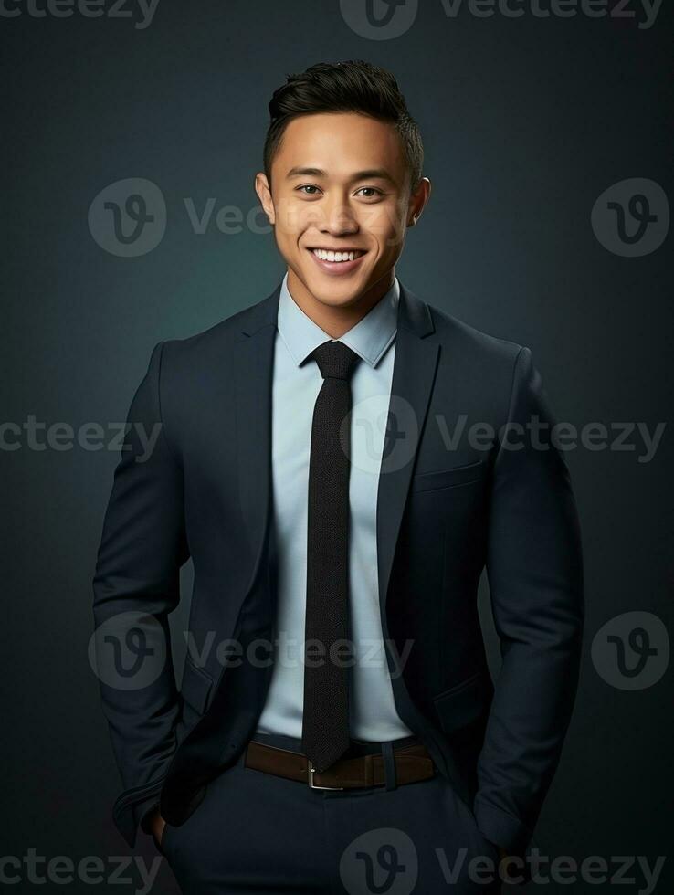 Smiling young man of Asian descent dressed in suit on gray background AI Generative photo