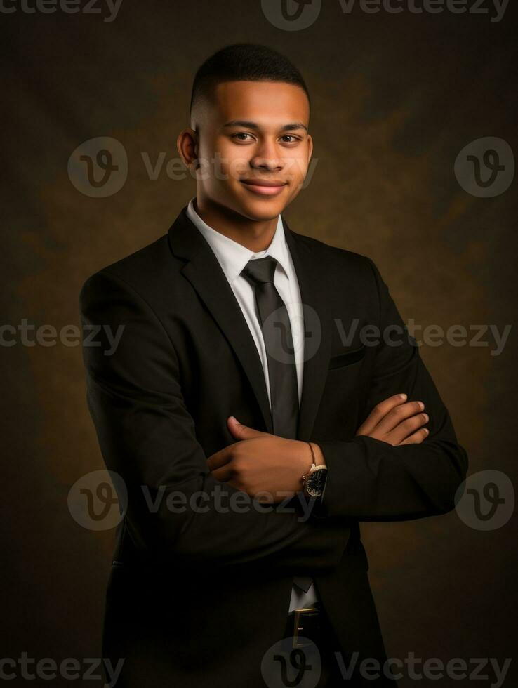 Smiling young man of Asian descent dressed in suit on gray background AI Generative photo