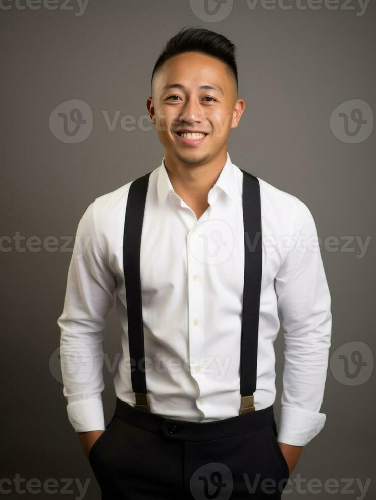 Smiling young man of Asian descent dressed in suit on gray background AI Generative photo