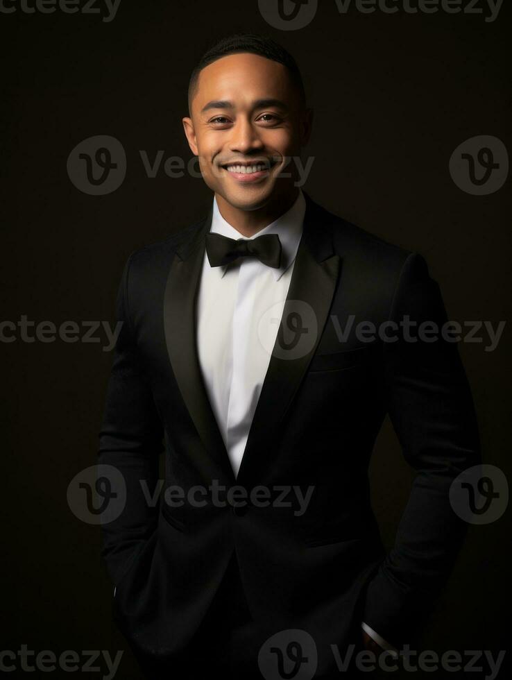 Smiling young man of Asian descent dressed in suit on gray background AI Generative photo