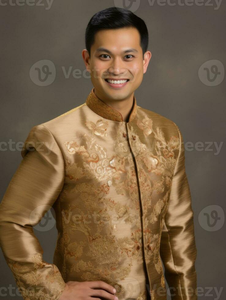 Smiling young man of Asian descent dressed in suit on gray background AI Generative photo