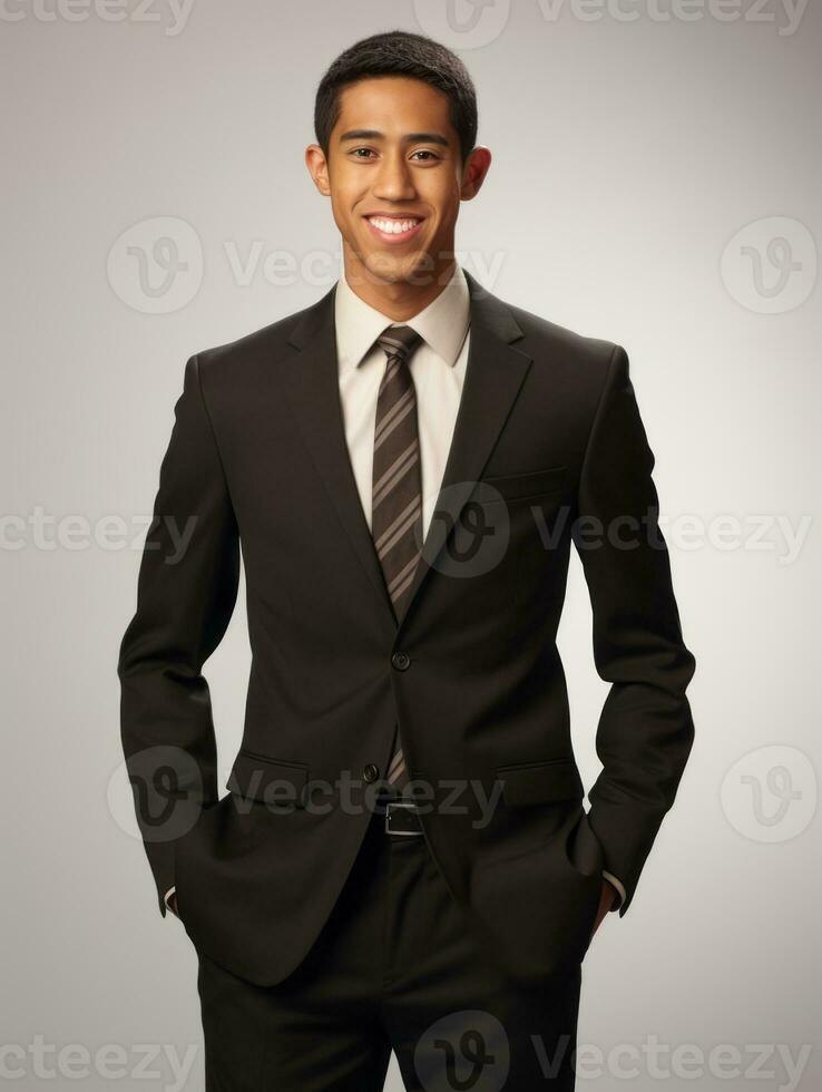 Smiling young man of Asian descent dressed in suit on gray background AI Generative photo