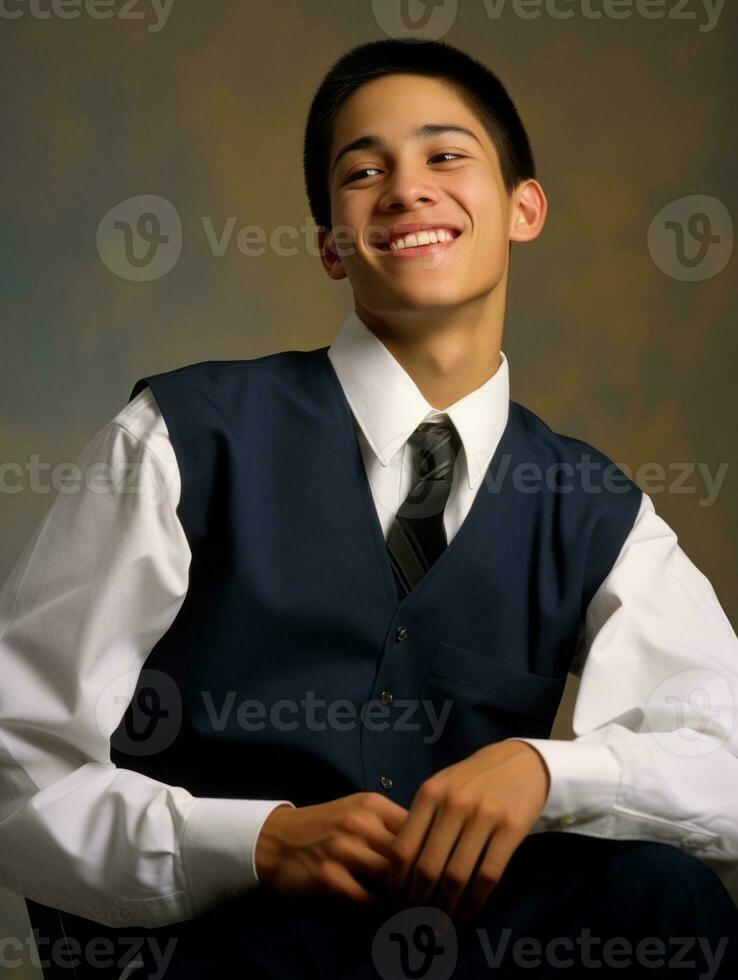 Smiling young man of Asian descent dressed in suit on gray background AI Generative photo