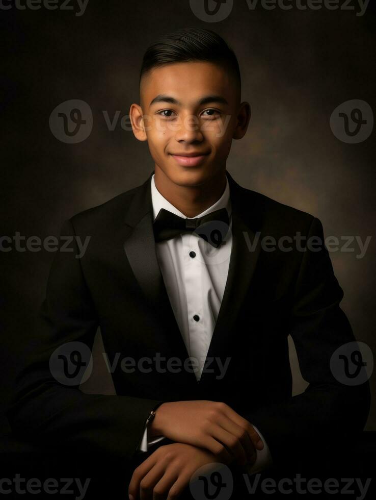 Smiling young man of Asian descent dressed in suit on gray background AI Generative photo