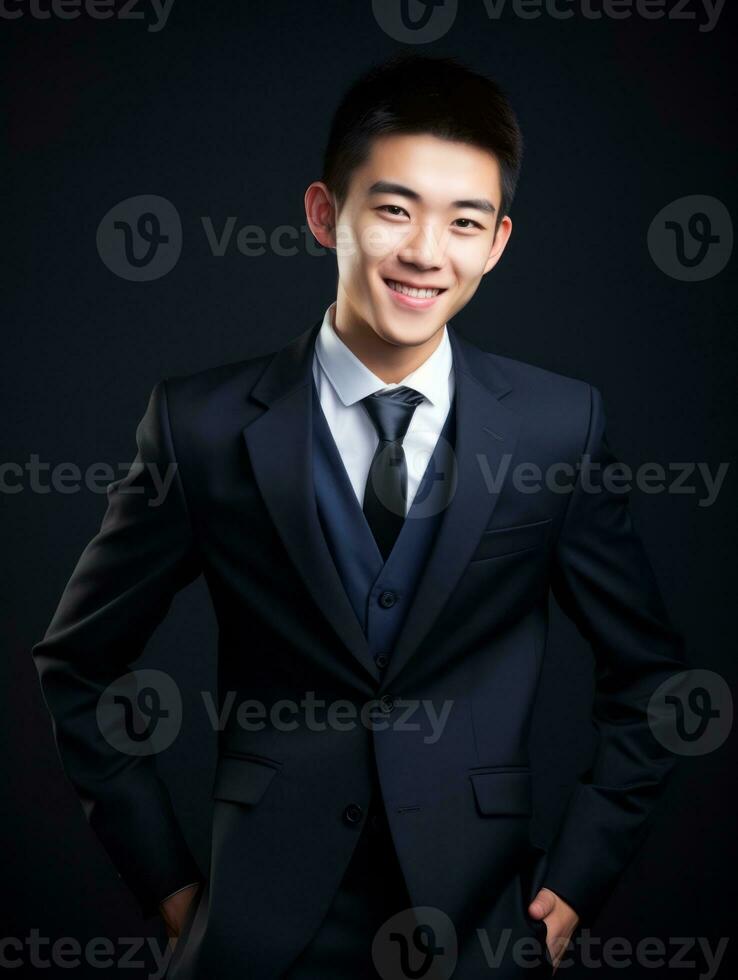 Smiling young man of Asian descent dressed in suit on gray background AI Generative photo