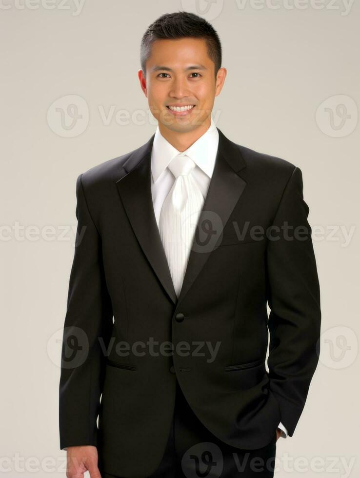 sonriente joven hombre de asiático descendencia vestido en traje en gris antecedentes ai generativo foto