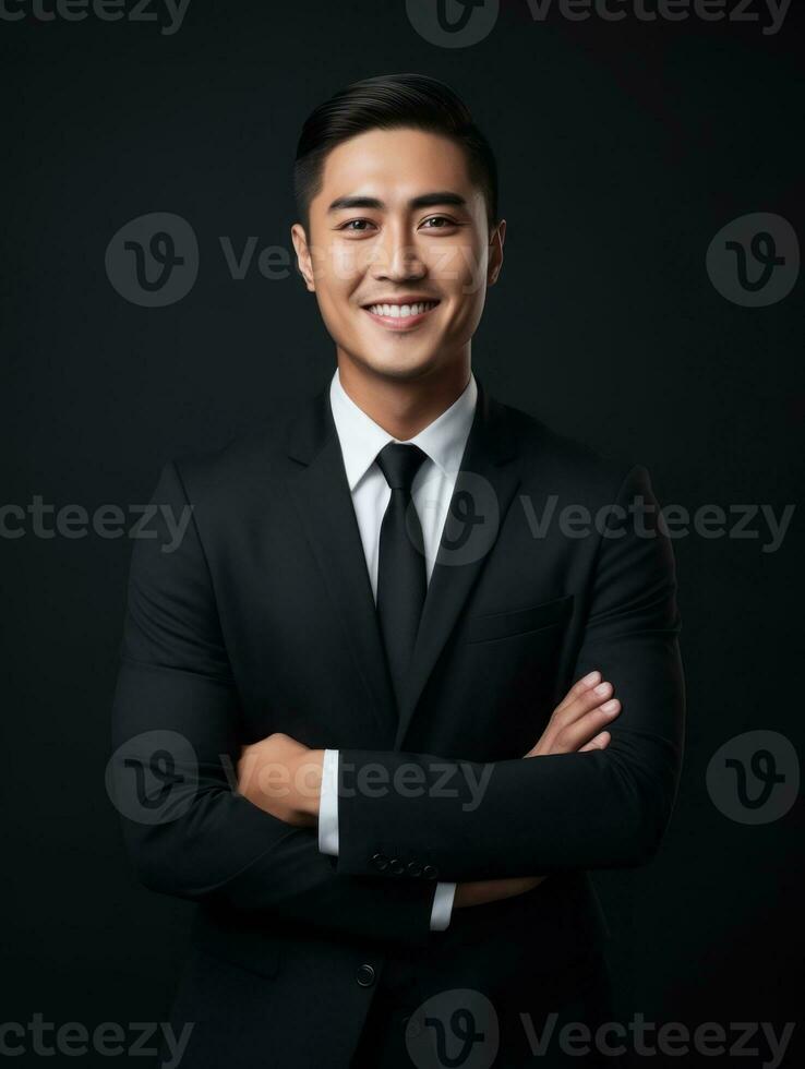 Smiling young man of Asian descent dressed in suit on gray background AI Generative photo