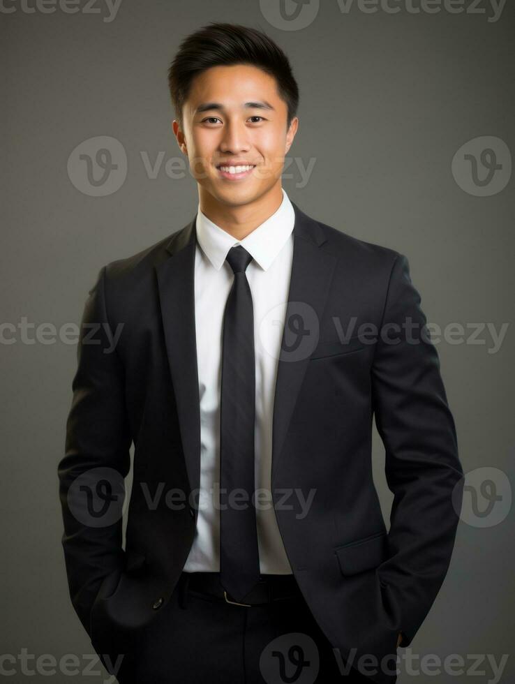 Smiling young man of Asian descent dressed in suit on gray background AI Generative photo