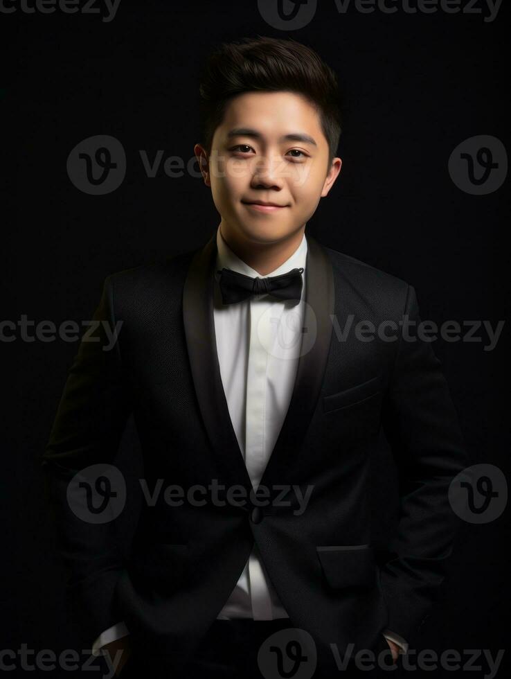 Smiling young man of Asian descent dressed in suit on gray background AI Generative photo