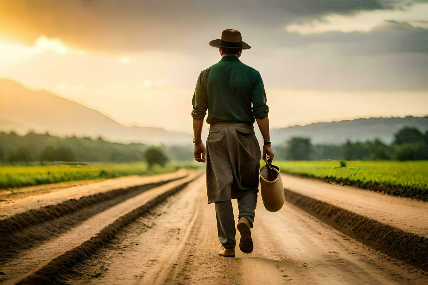 a man walking down a dirt road with a bucket. AI-Generated photo