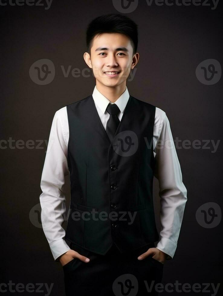 Smiling young man of Asian descent dressed in suit on gray background AI Generative photo