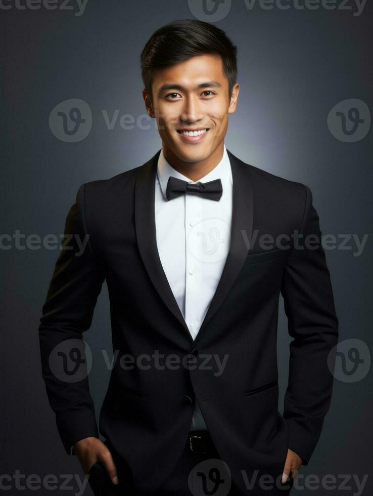 Smiling young man of Asian descent dressed in suit on gray background AI Generative photo