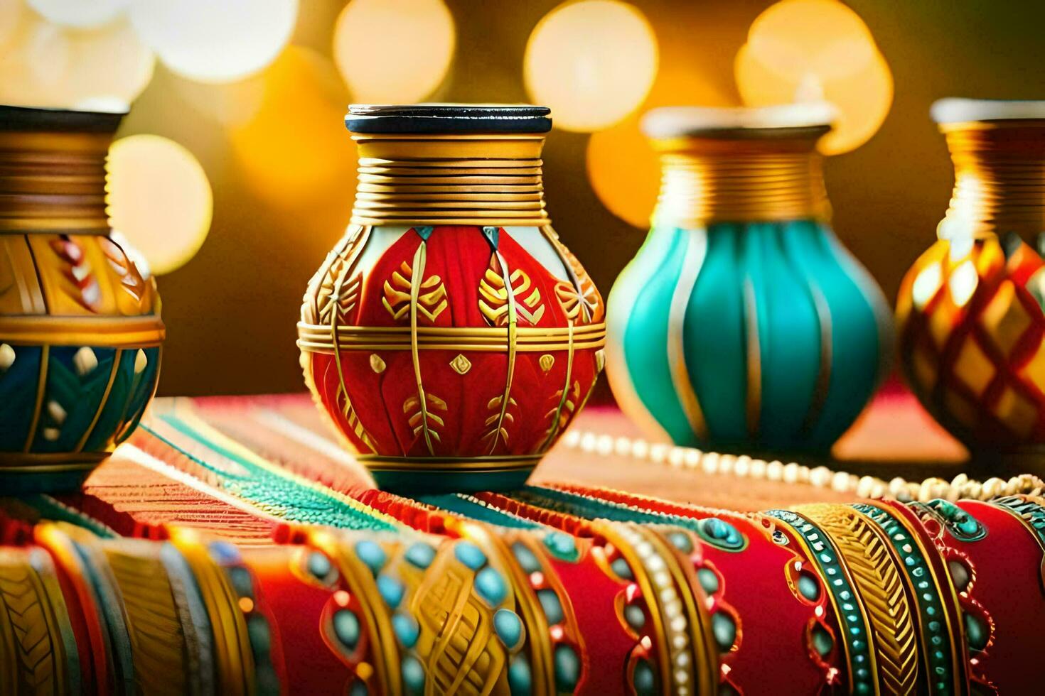 colorful vases on a table with lights in the background. AI-Generated photo