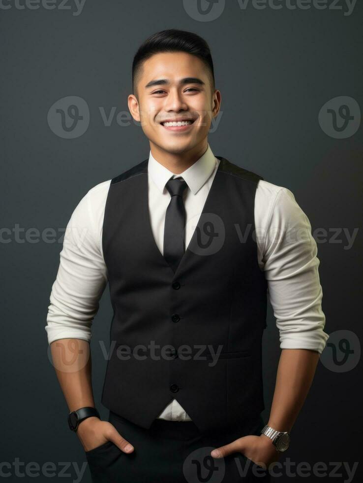 Smiling young man of Asian descent dressed in suit on gray background AI Generative photo