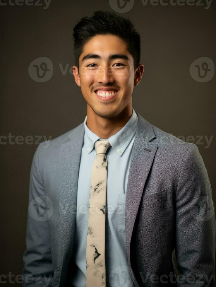 Smiling young man of Asian descent dressed in suit on gray background AI Generative photo